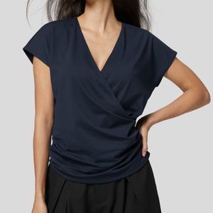 Halara V Neck Cap Sleeve Crossover Ruched Blouse Size Large